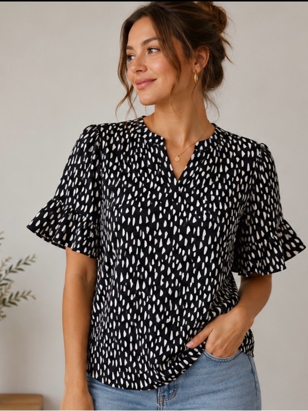Chico's Black and White Print Ruffle Sleeve Blouse “New Beginning’s Collection”